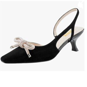 Zszszsu Black Slingback Kitten Heels Elegant Square Toe Bowknot Low Heel Sandal